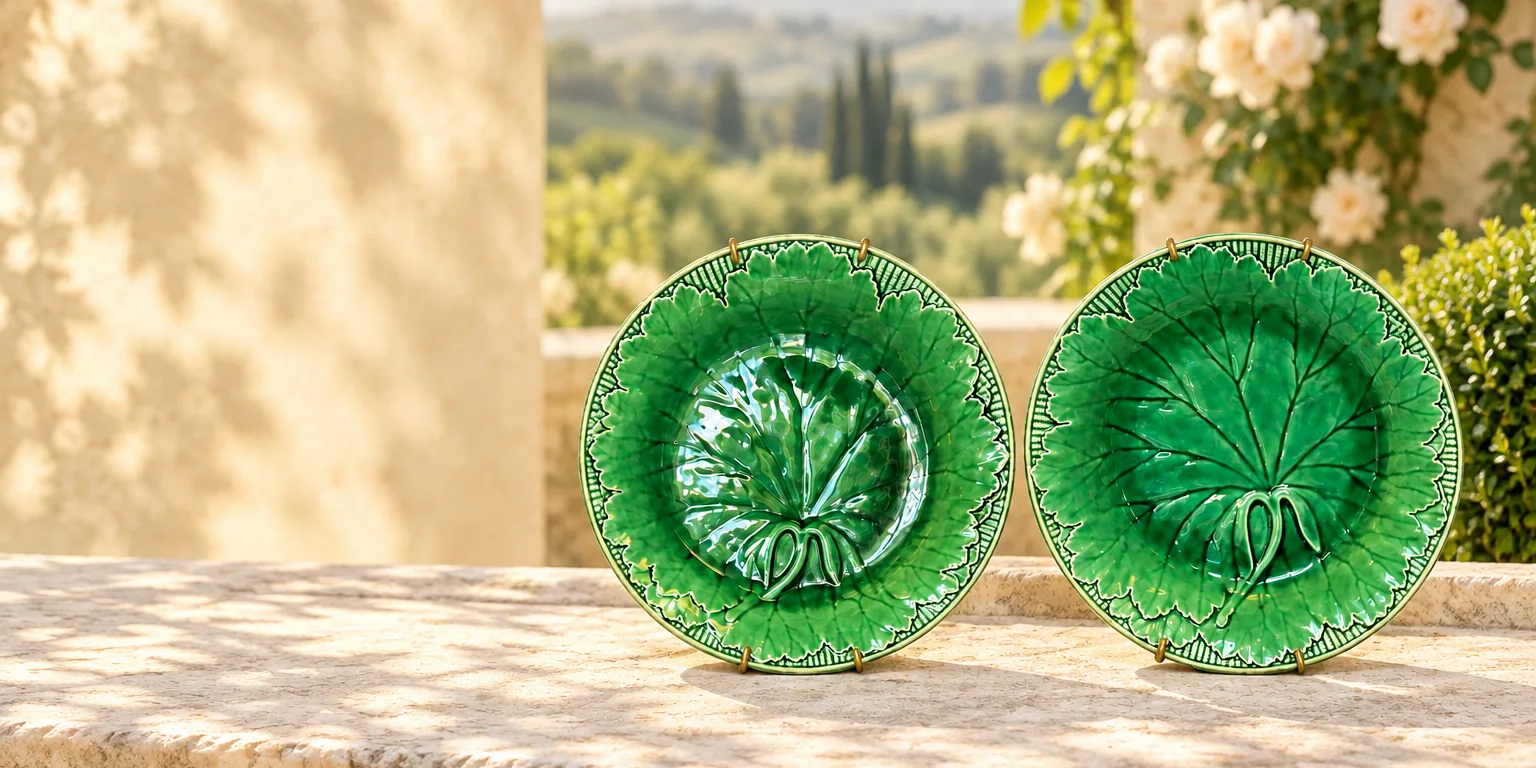 Two green majolica leaf plates on a sunlit stone terrace with roses and rolling hills behind
