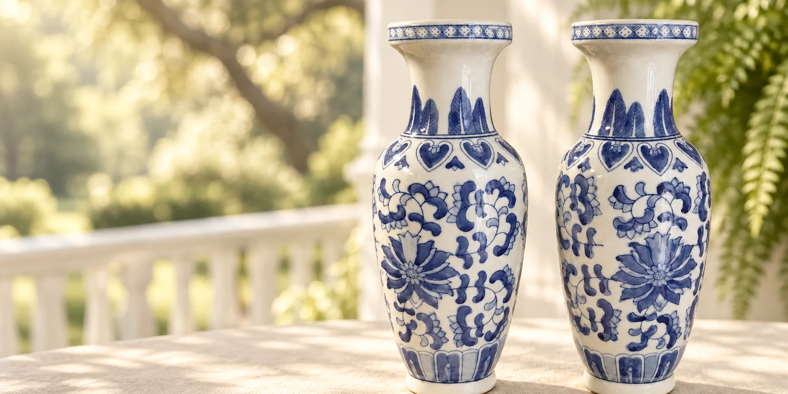 A pair of blue and white vases on a linen covered table on a sunny white porch