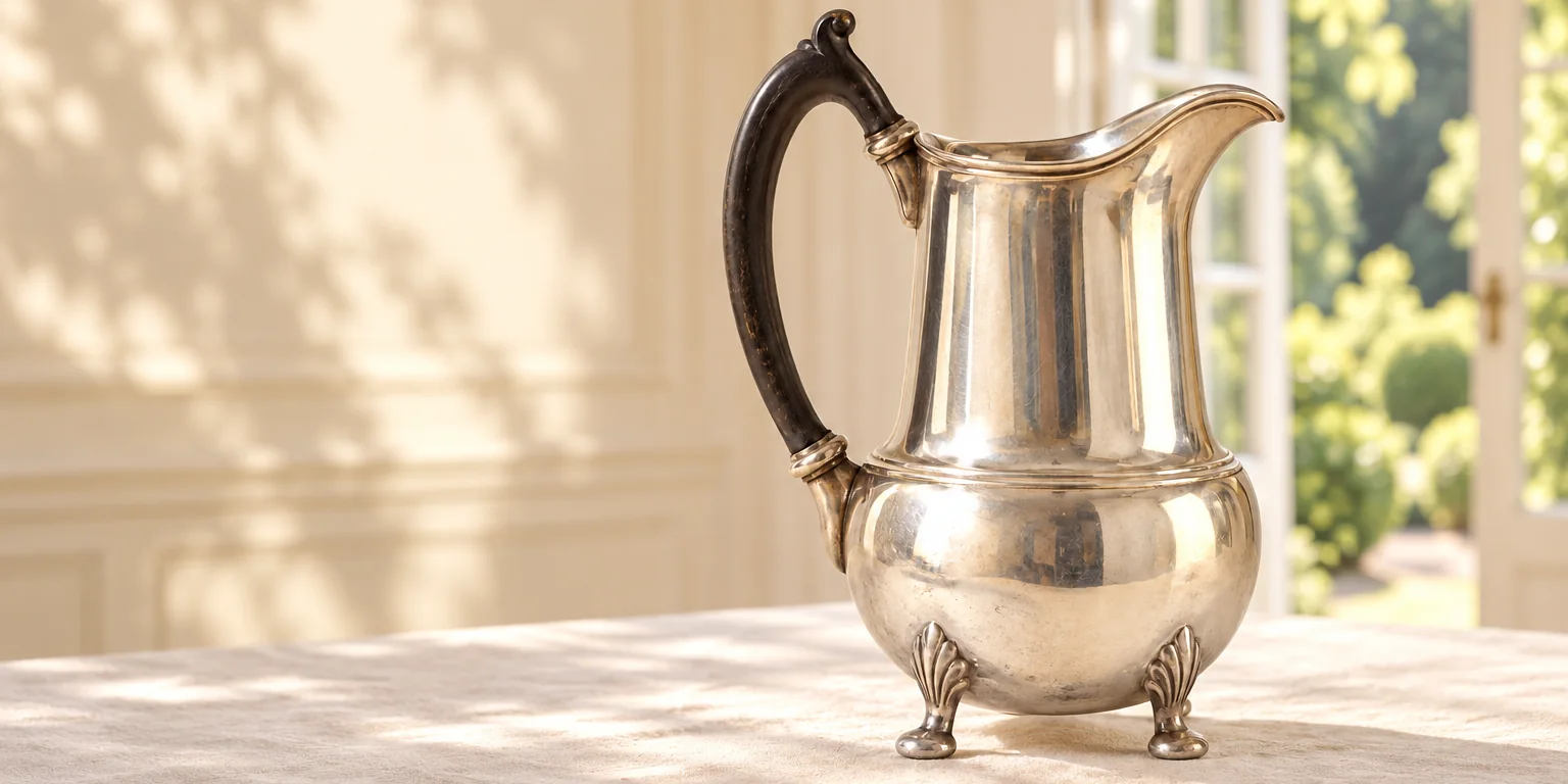 A silver footed water pitcher on a linen table beside open garden doors