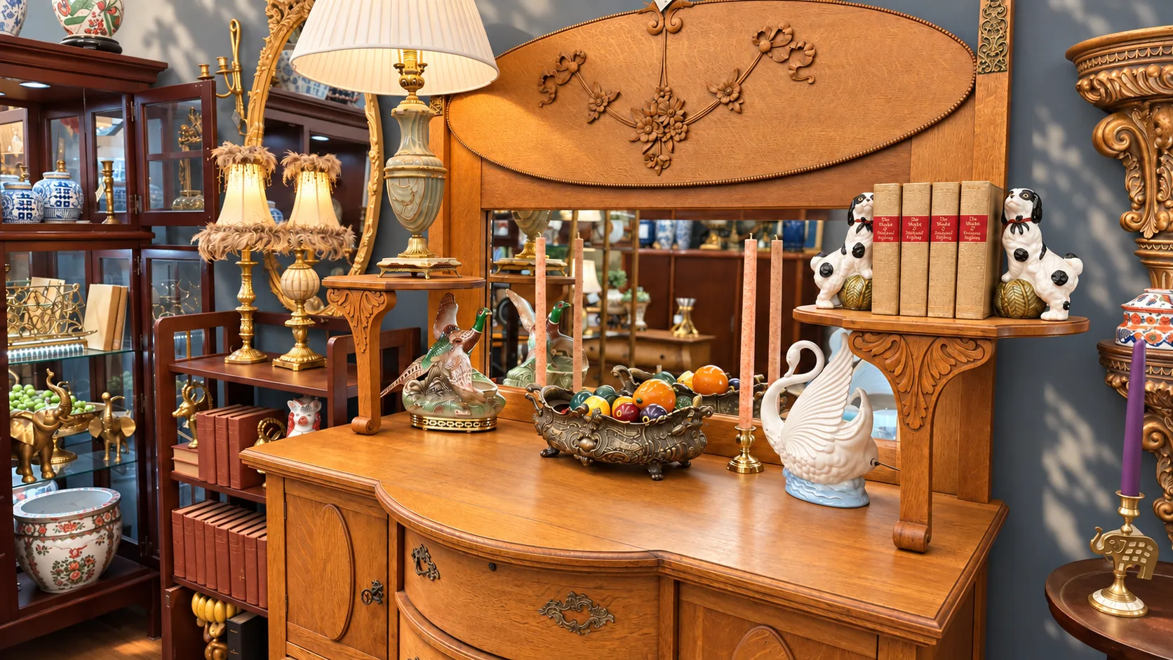 An oak sideboard with brass lamps, a white swan, Staffordshire dogs and ginger jars