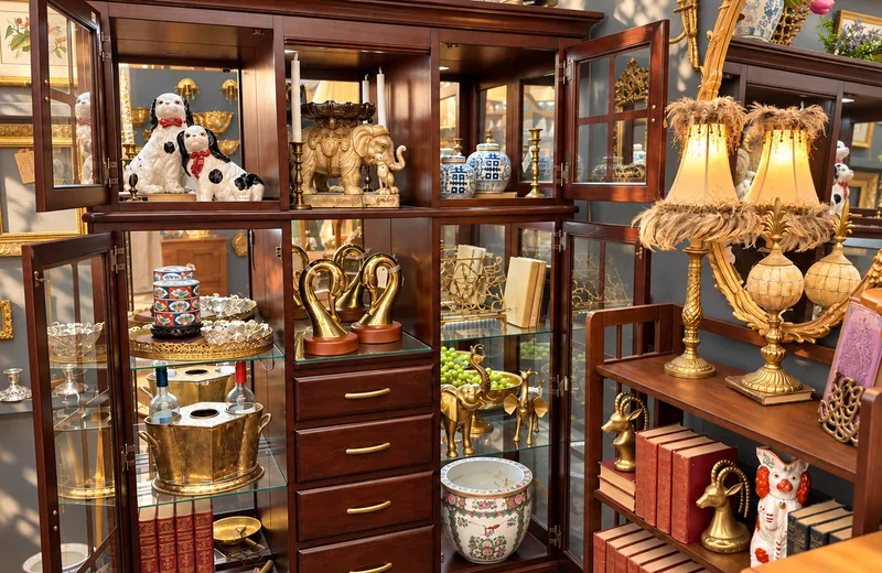A cabinet with Staffordshire dogs, a brass elephant and blue and white