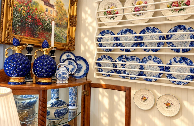 A plate rack of flow blue plates and a pair of cobalt ewers