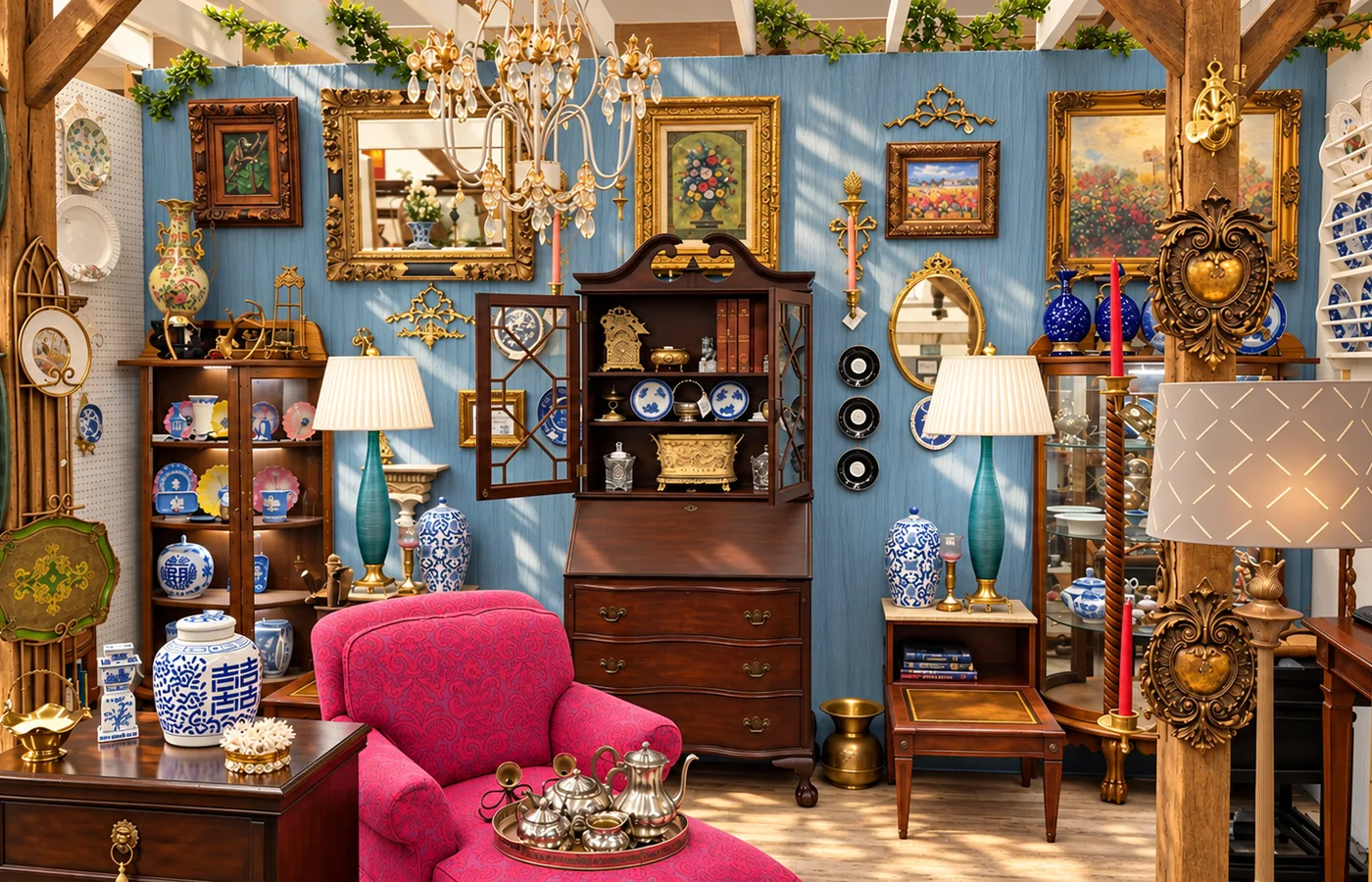 A Green Terrace booth with a pink armchair, a mahogany secretary and blue and white porcelain