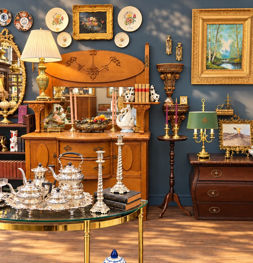 A Green Terrace booth with a navy wall, an oak sideboard and a silver tea service