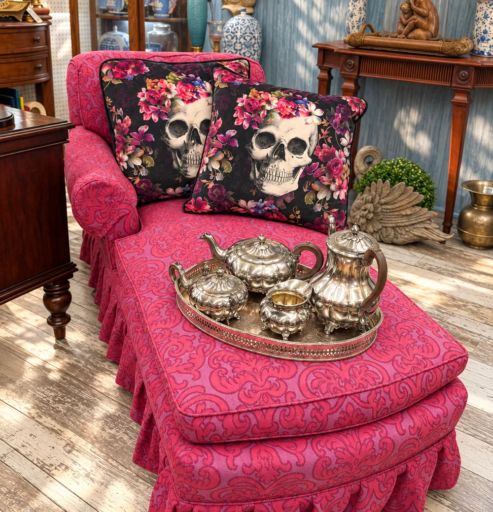 A pink damask chaise with skull and rose pillows and a silver tea set on a tray